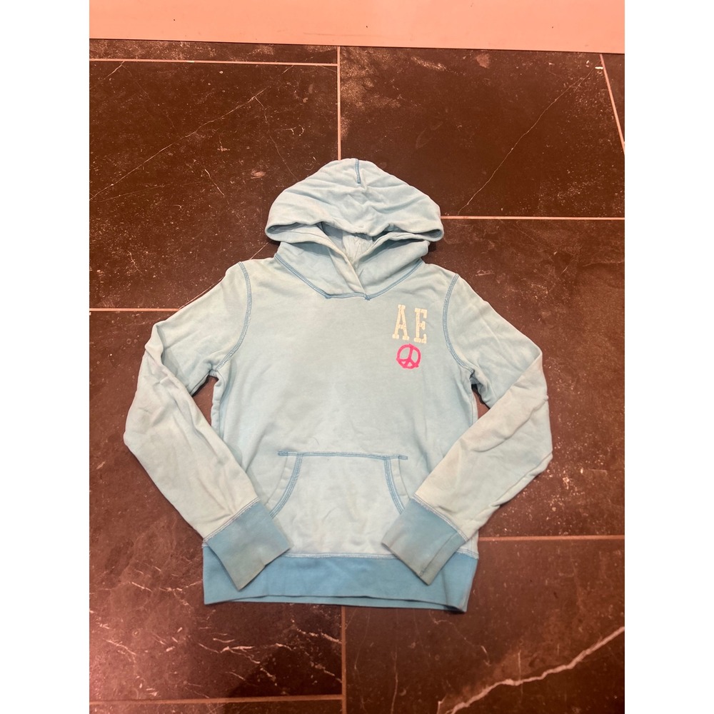 American Eagle Outfitters Blue Pullover Hoodie Peace Sign Graphic Sweatshirt S